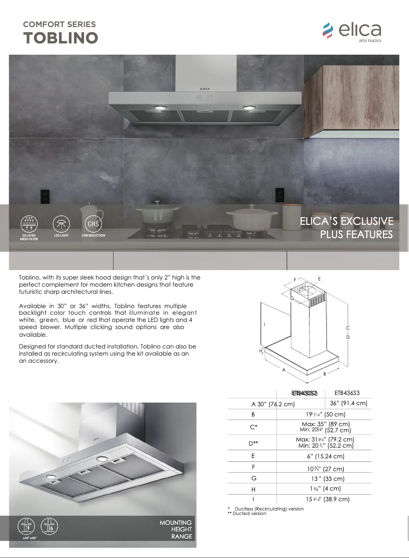 Page 1 de la notice Fiche technique Elica Toblino ETB430S3