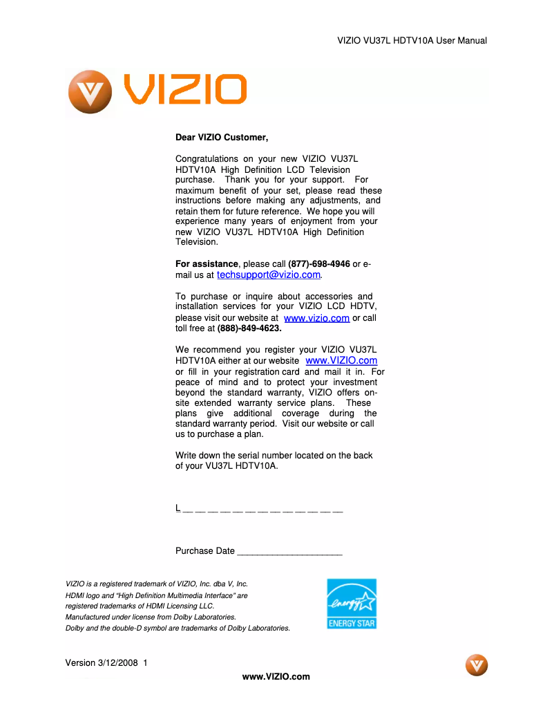 Image de la première page du manuel de l'appareil VU37L
