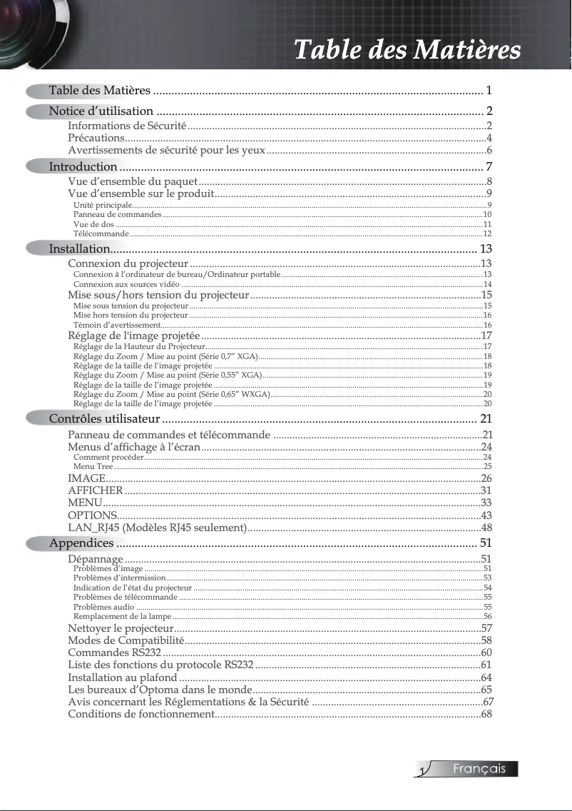 Page 1 de la notice Manuel utilisateur Optoma EX774N