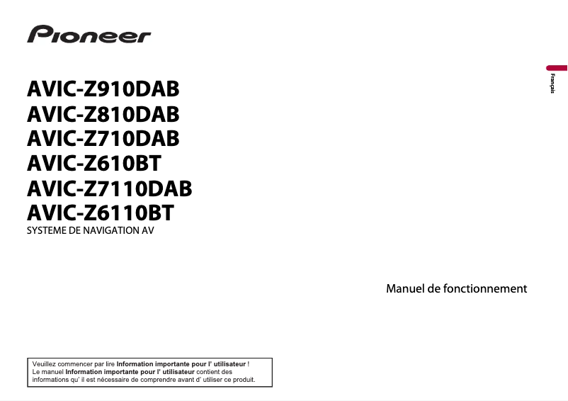 Page 1 de la notice Manuel utilisateur Pioneer AVIC-Z710DAB