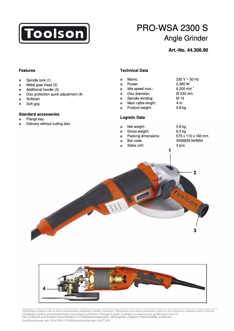 Page 1 de la notice Fiche technique Toolson PRO-WSA 2300 S