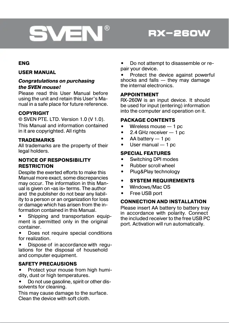 Página 1 del manual Manual de usuario Sven RX-260W