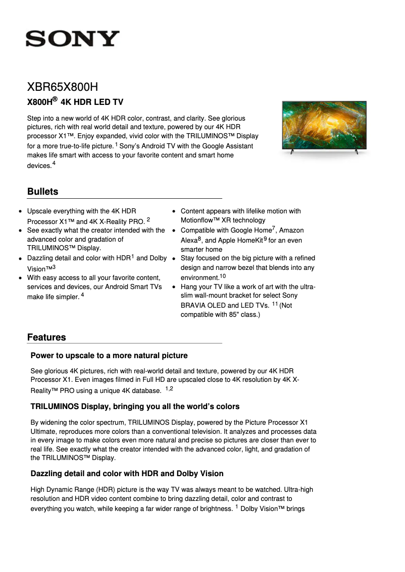 Page 1 de la notice Fiche technique Sony XBR65X800H