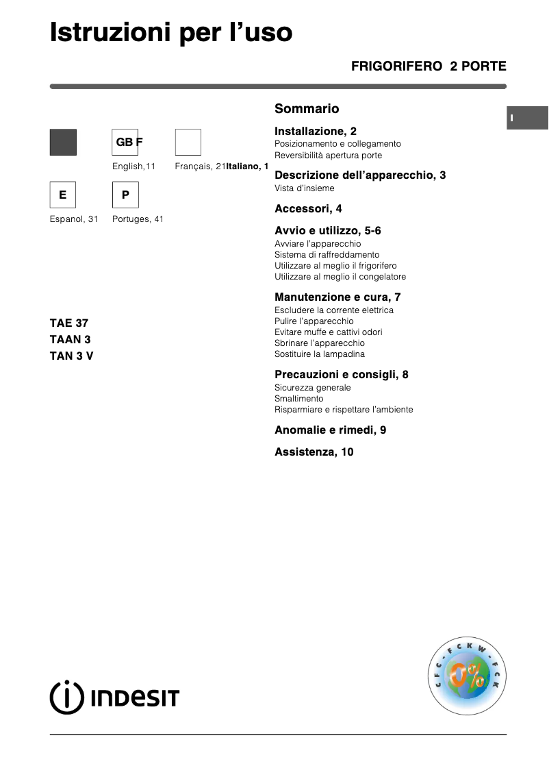 Page 1 de la notice Manuel utilisateur Indesit TAN 3 V