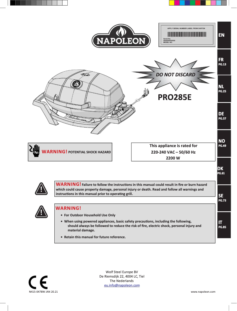 Page 1 de la notice Manuel utilisateur Napoleon TRAVELQ PRO285E