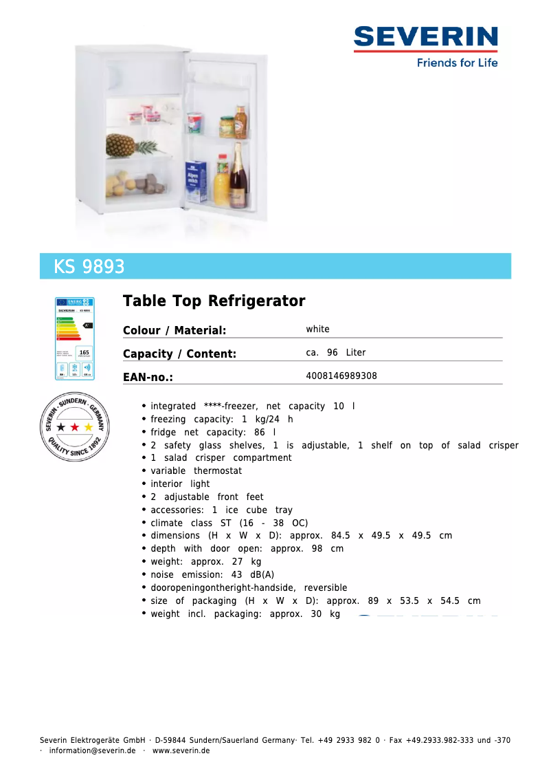 Page n°1 - Fiche technique Severin KS 9893
