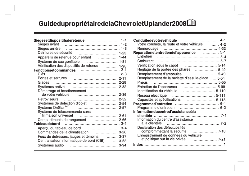 Image de la première page du manuel de l'appareil Uplander (2008)