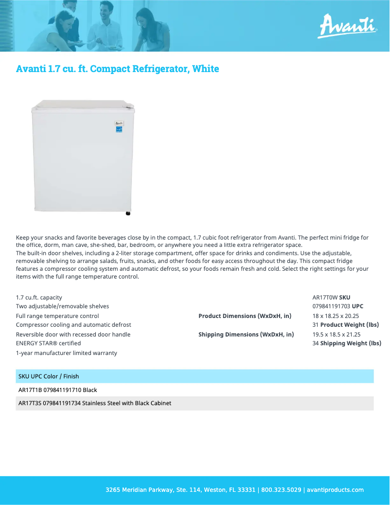 Page 1 de la notice Fiche technique Avanti AR17T0W