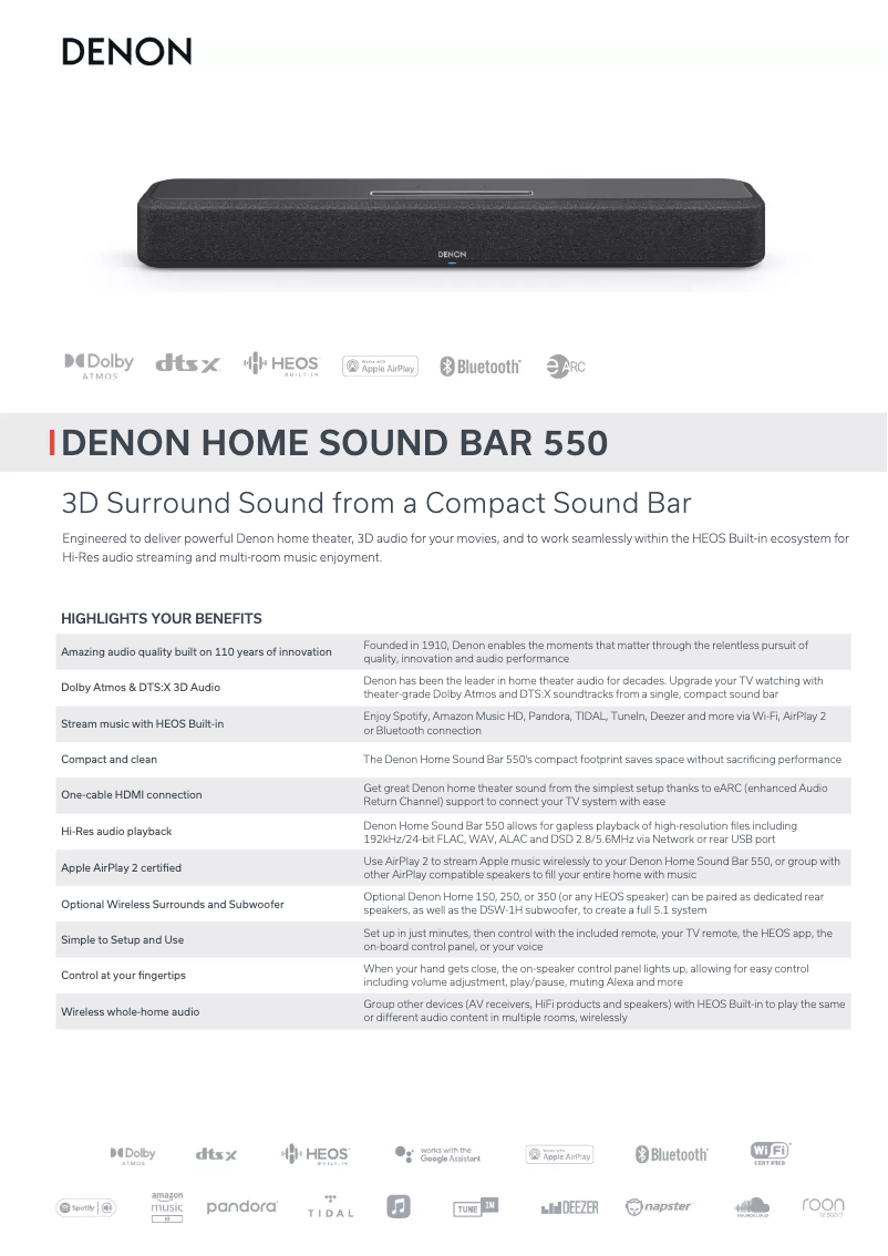 Page 1 de la notice Fiche technique Denon Home Sound Bar 550