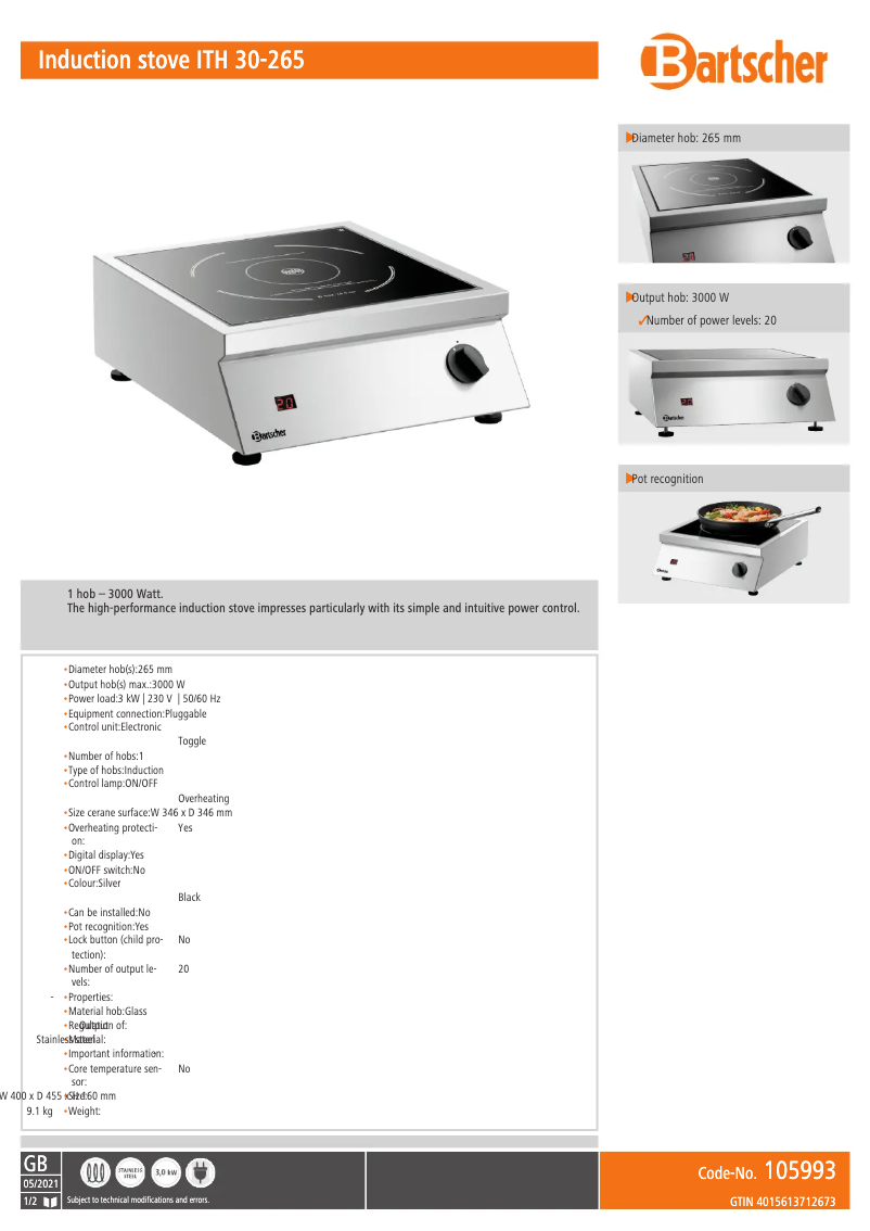 Page n°1 - Fiche technique Bartscher ITH 30