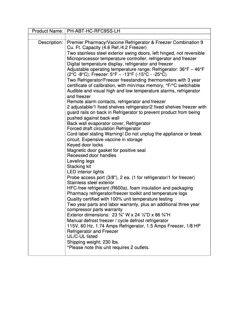 Page 1 de la notice Manuel utilisateur American BioTech Supply PH-ABT-HC-RFC9SS-LH