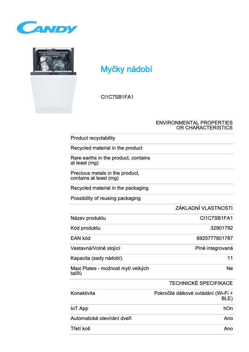 Page 1 de la notice Fiche technique Candy CI1C7SB1FA1