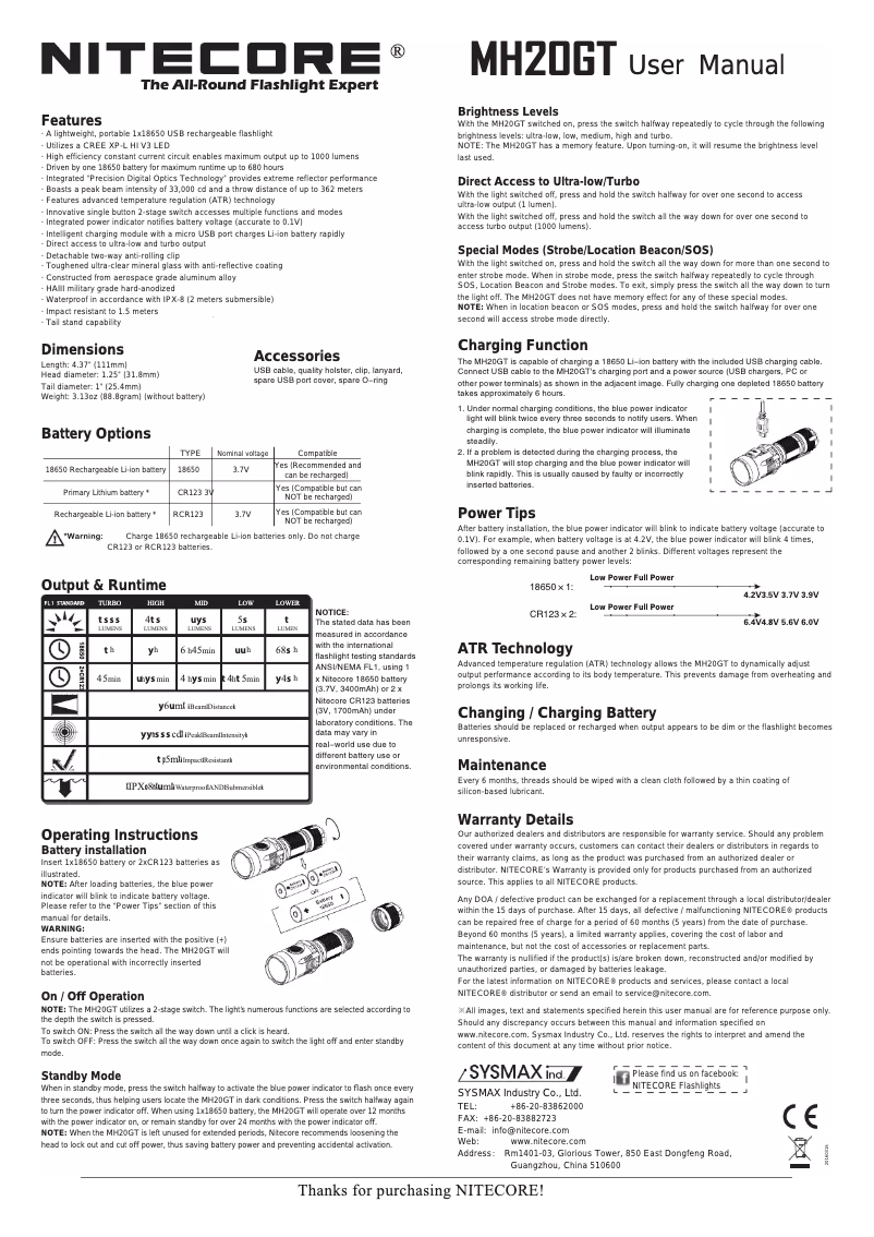 Page 1 de la notice Manuel utilisateur Nitecore MH20GT