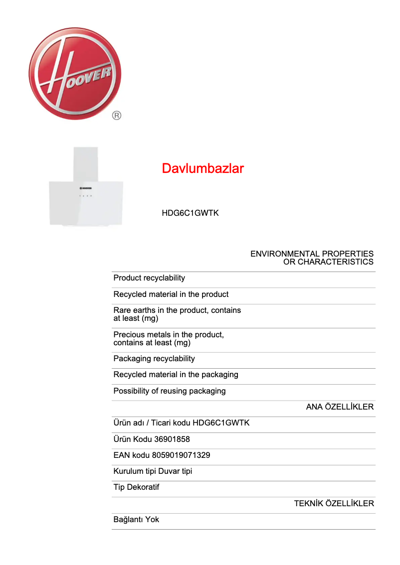 Page n°1 - Fiche technique Hoover HDG6C1GWTK