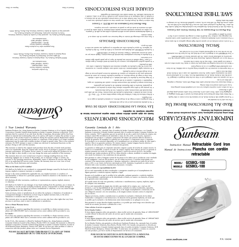 Page n°1 - Manuel utilisateur Sunbeam GCSBCL-100
