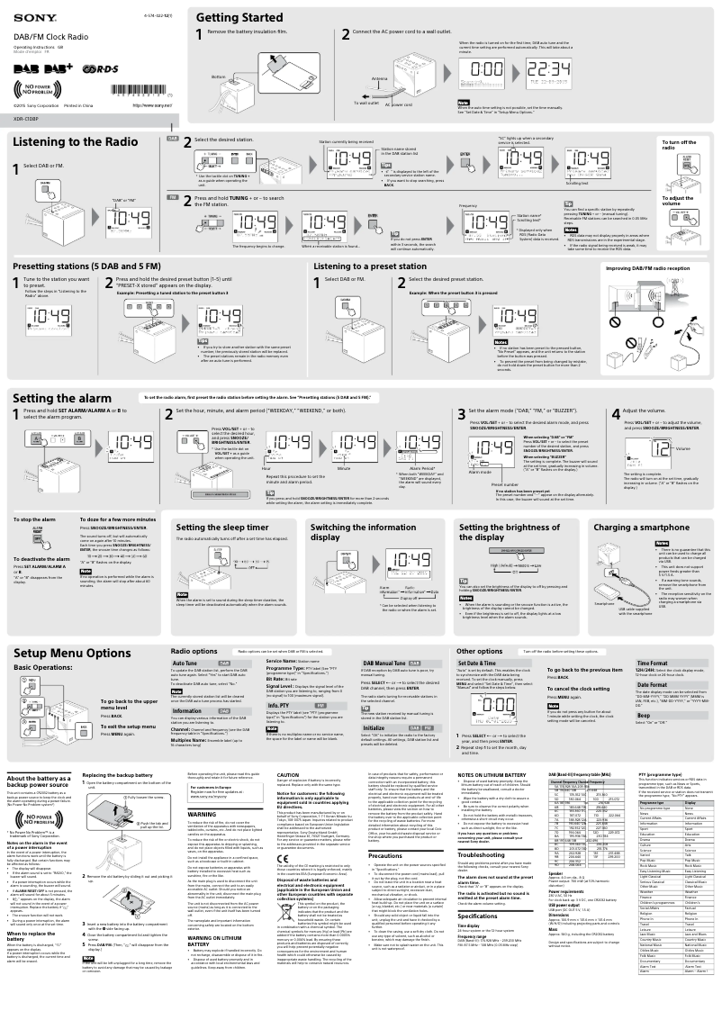 Page 1 de la notice Manuel utilisateur Sony XDR-C1DBP