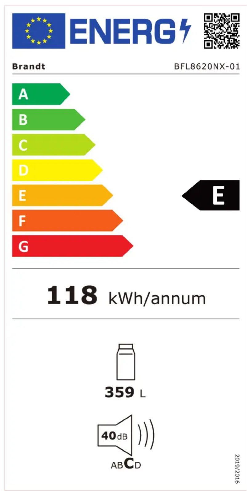 Page n°1 - Label énergétique Brandt BFL8620NX