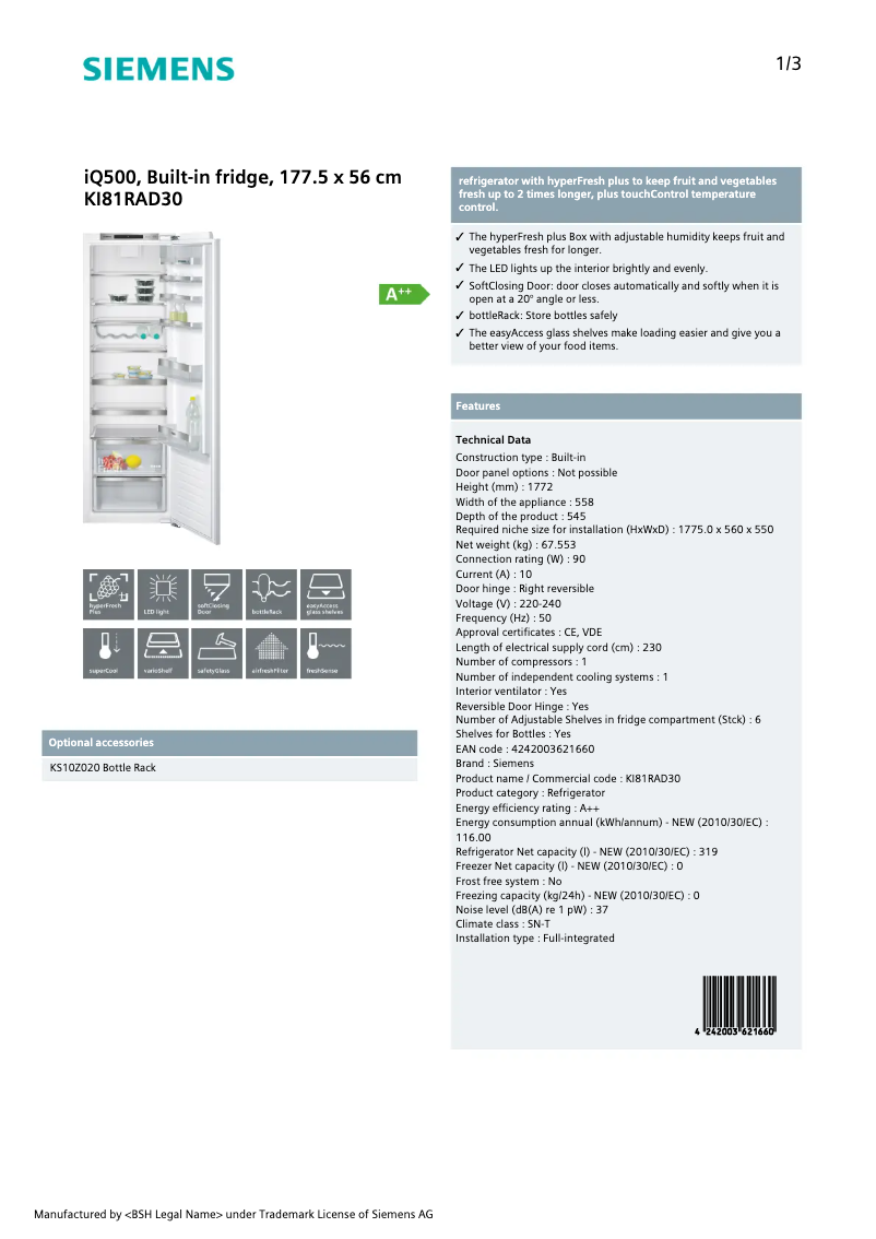 Page n°1 - Fiche technique Siemens KI81RAD30A