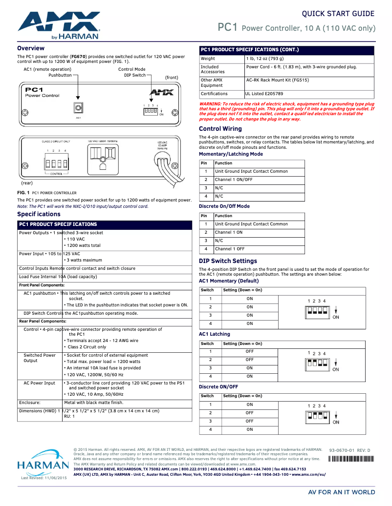Page 1 de la notice Manuel utilisateur AMX PC1