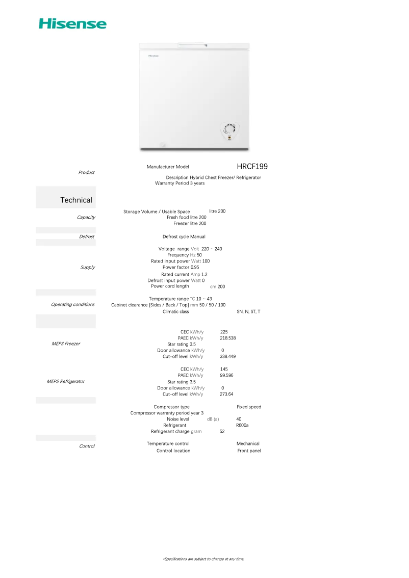 Page 1 de la notice Fiche technique Hisense HRCF199