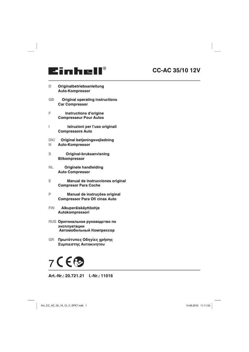 Page 1 de la notice Manuel utilisateur Einhell CC-AC 35/10