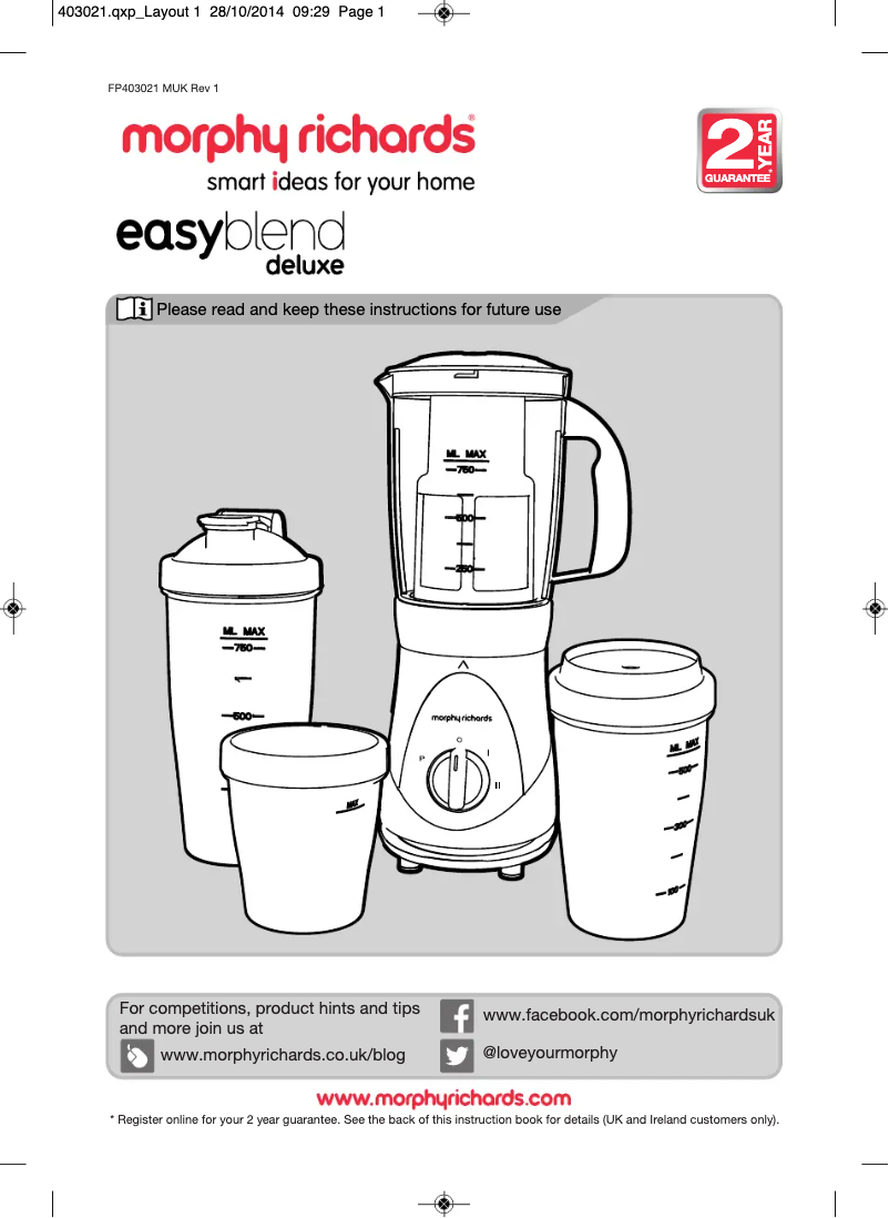 Page 1 de la notice Manuel utilisateur Morphy Richards Easy Blend Deluxe 403021