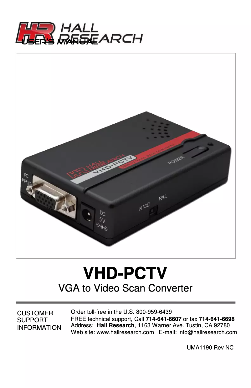 Page 1 de la notice Manuel utilisateur Hall Research VHD-PCTV