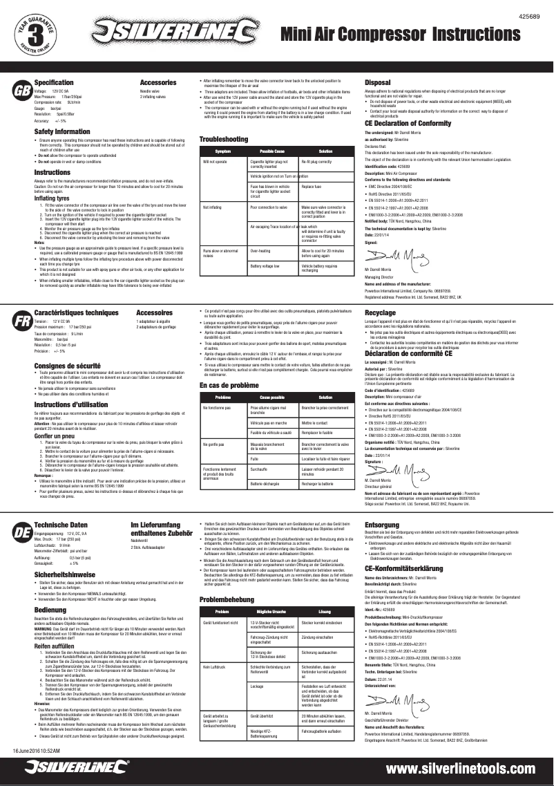 Page 1 de la notice Manuel utilisateur Silverline 425689