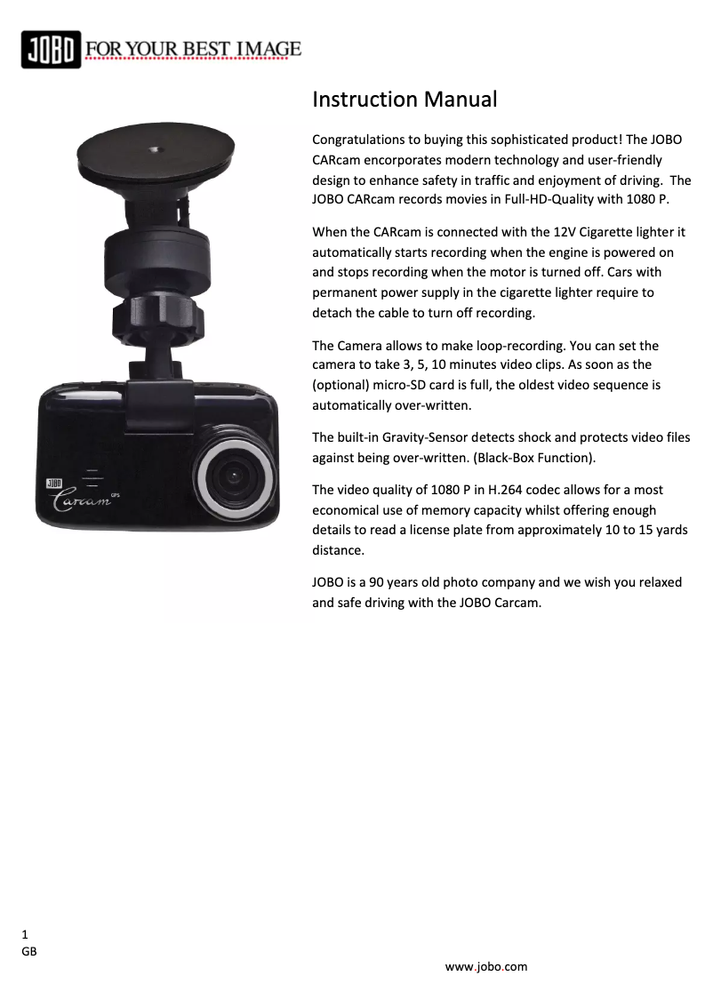 Page 1 de la notice Manuel utilisateur Jobo CARcam 1080P GPS