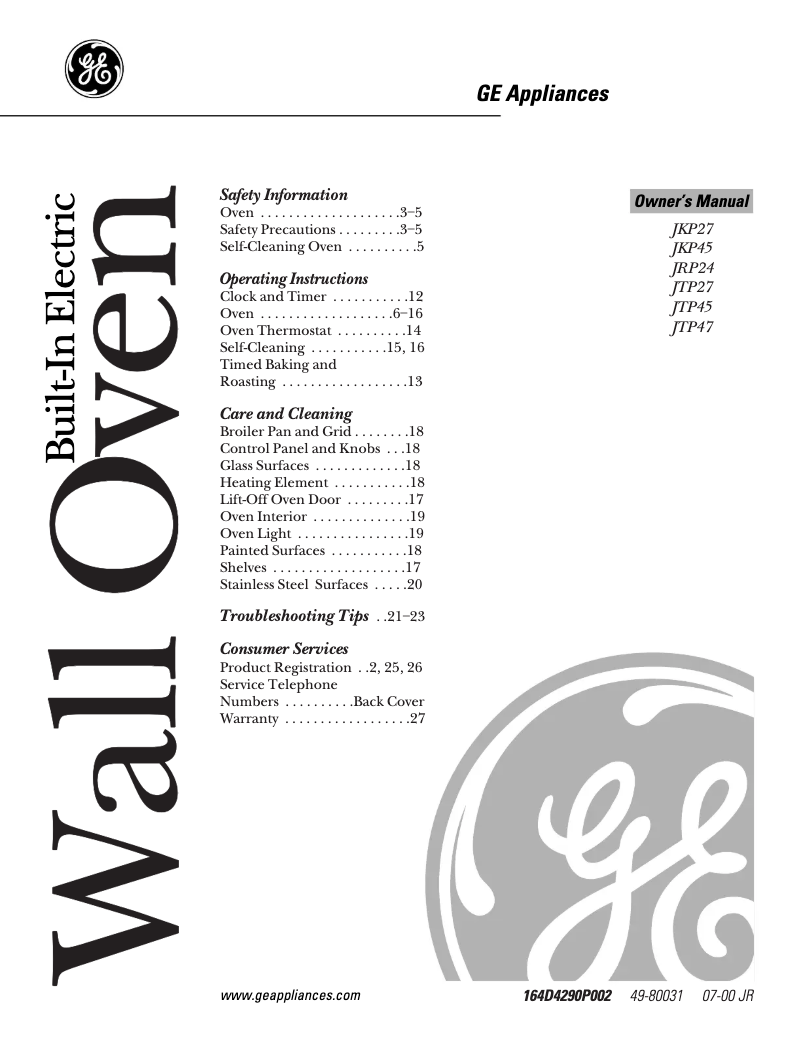 Page n°1 - Manuel d'utilisation et d'entretien GE JTP45WAWW