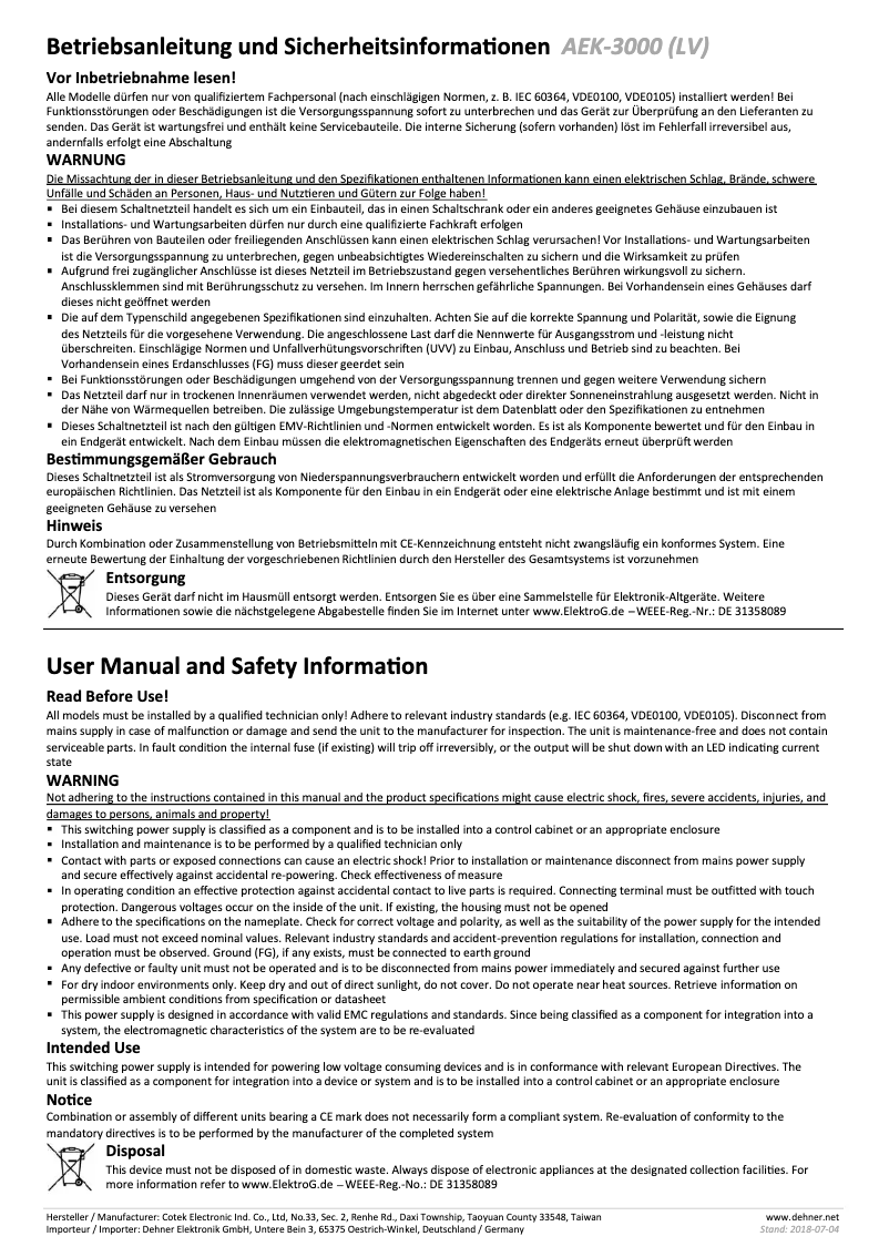 Page 1 de la notice Manuel utilisateur Cotek AEK 3000-12