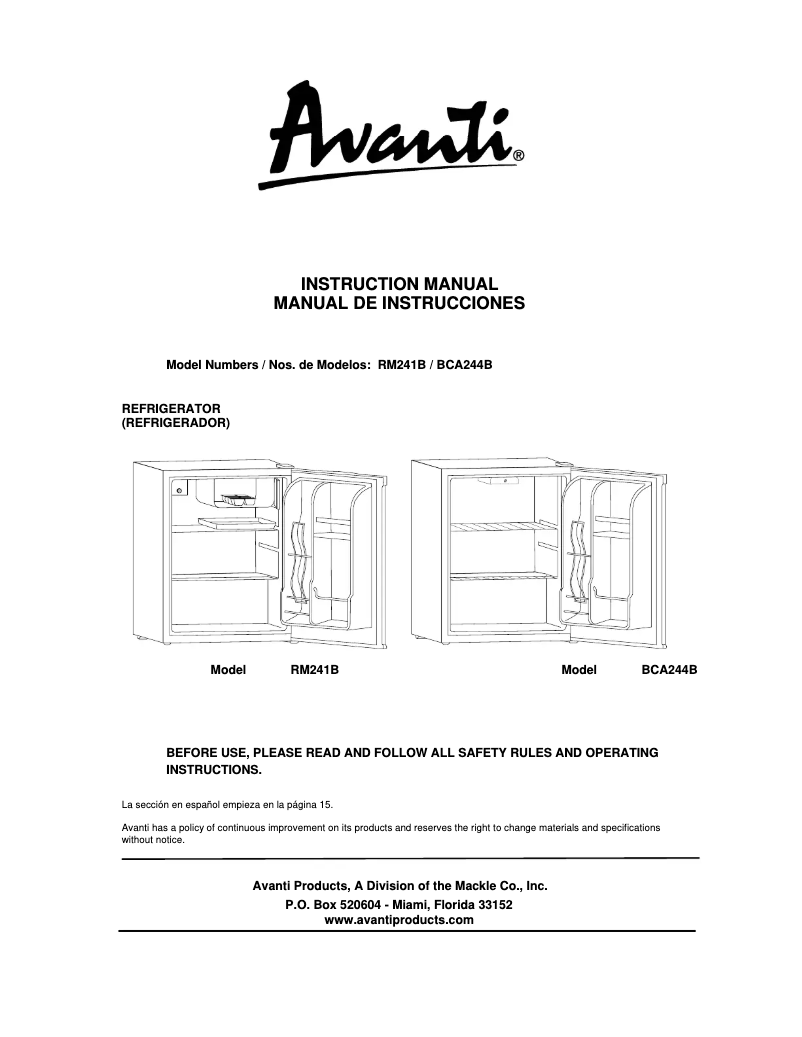 Página 1 del manual Manual de usuario Avanti BCA244B