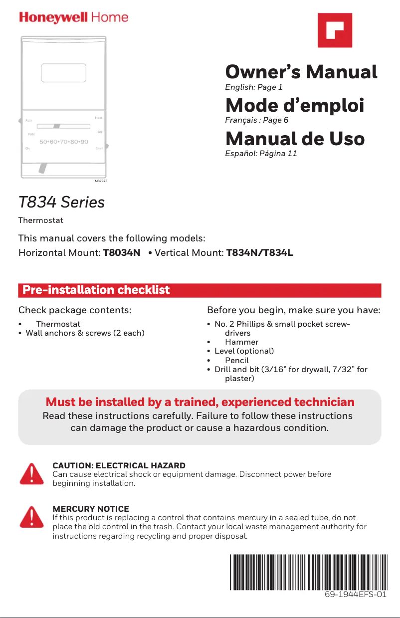 Page 1 de la notice Manuel utilisateur Honeywell T822K1000/U