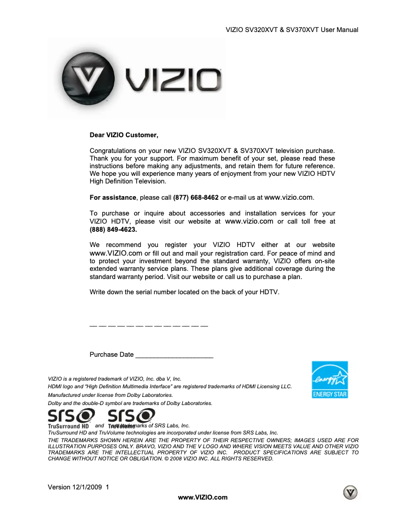 Page 1 de la notice Manuel utilisateur VIZIO SV370XVT