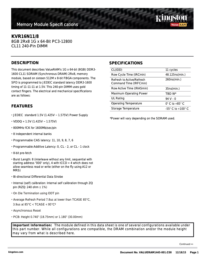 Page 1 de la notice Manuel utilisateur Kingston ValueRAM