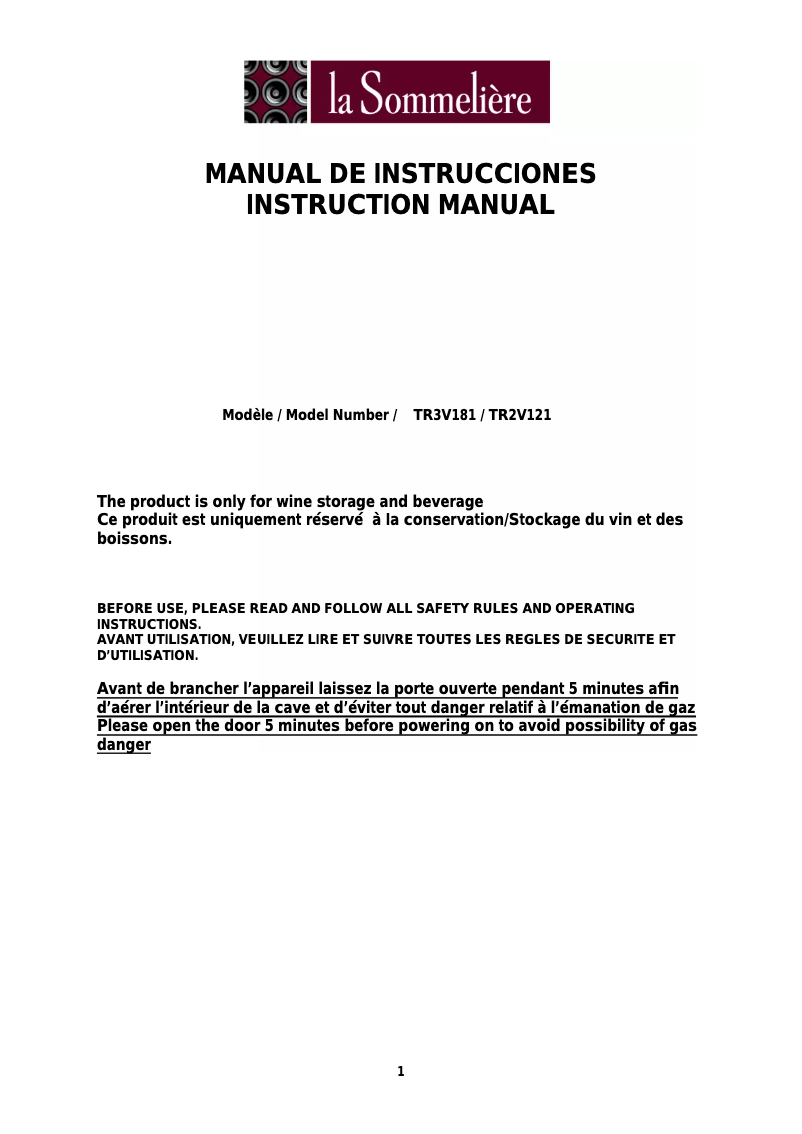 Page n°1 - Manuel utilisateur La Sommelière TR3V181