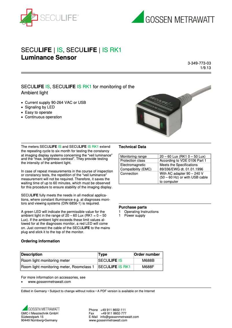 Page 1 de la notice Fiche technique Gossen Metrawatt SECULIFE IS