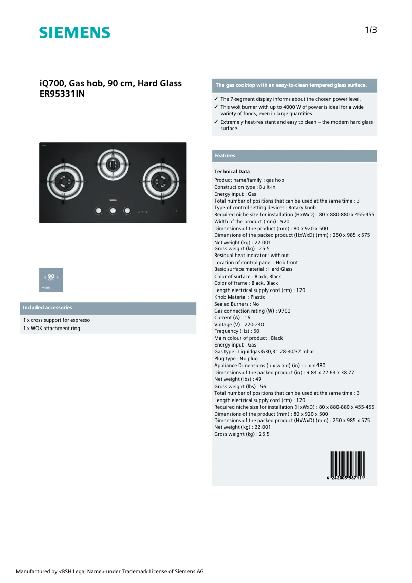 Page 1 de la notice Fiche technique Siemens ER95331IN