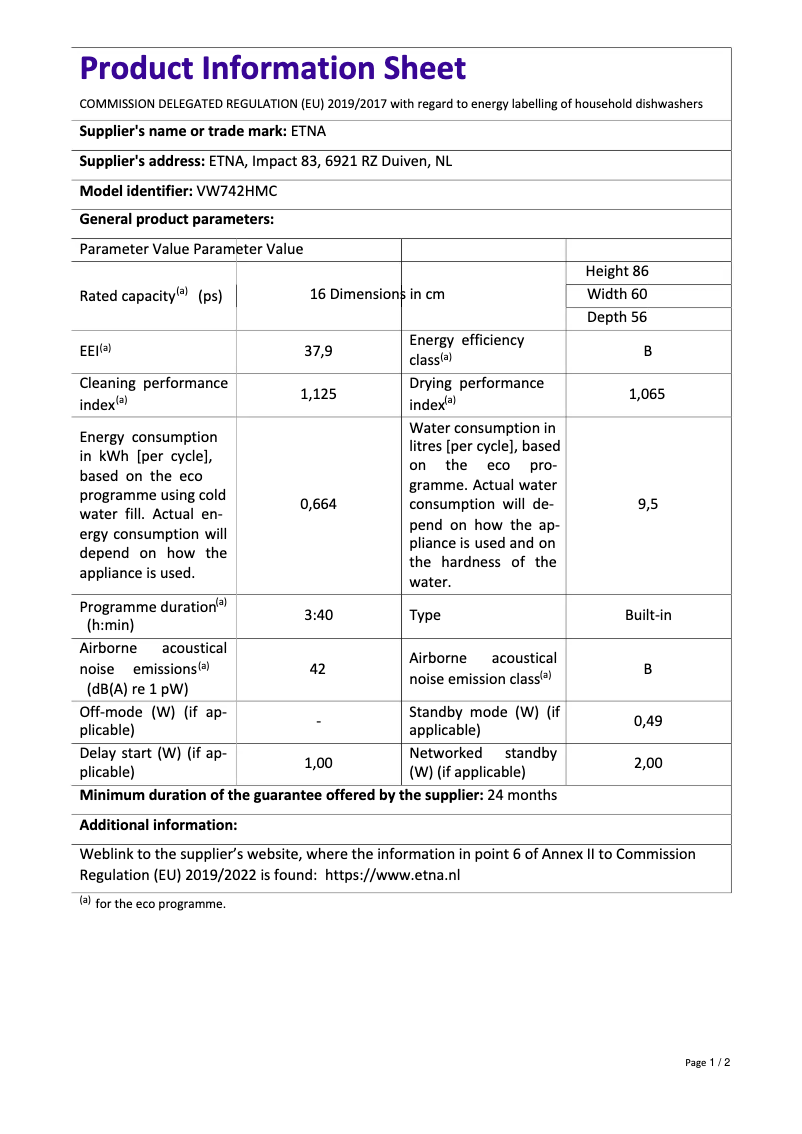 Page n°1 - Fiche technique Etna VW742HMC
