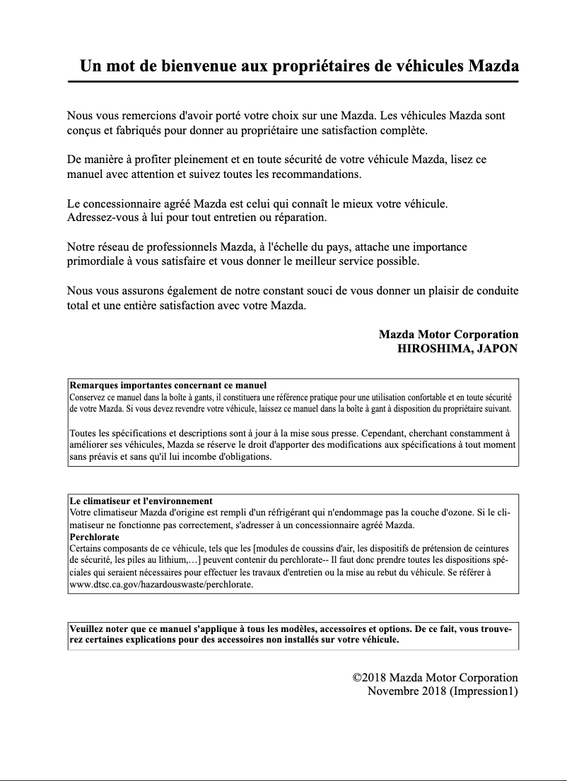 Page 1 de la notice Manuel utilisateur Mazda 3 (2019)