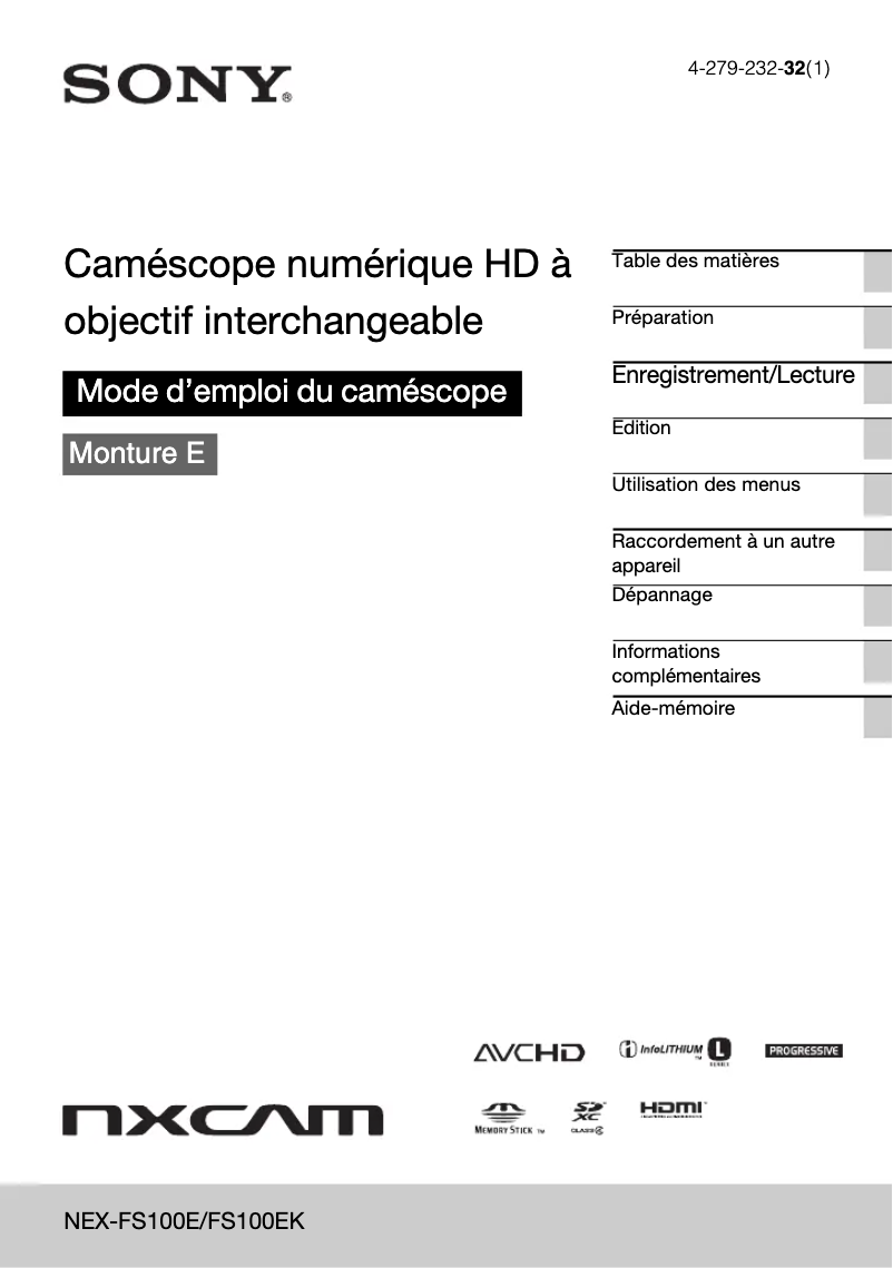 Image de la première page du manuel de l'appareil NEX-FS100EK