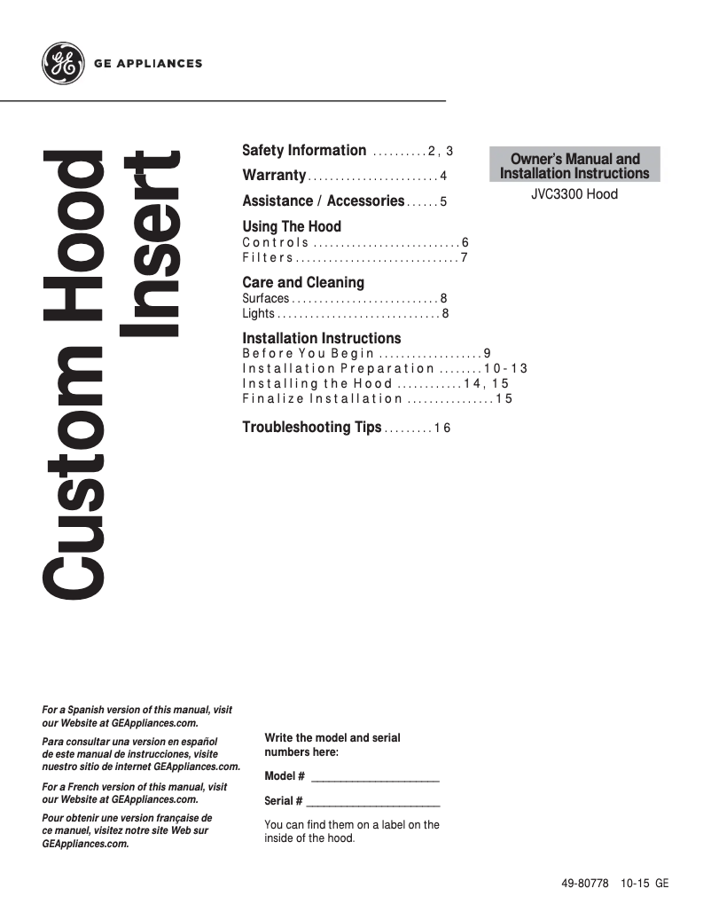 First page image of the manual for JVC3300JSA