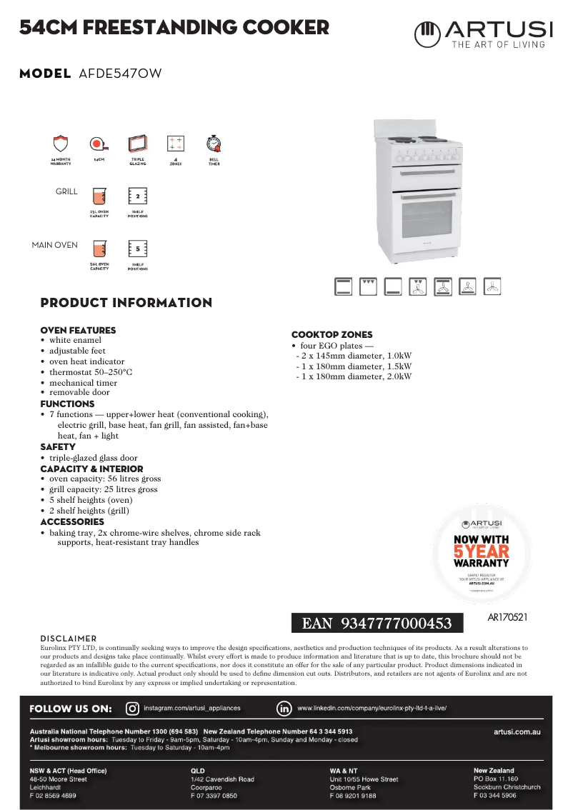 Page 1 de la notice Fiche technique Artusi AFDE5470W