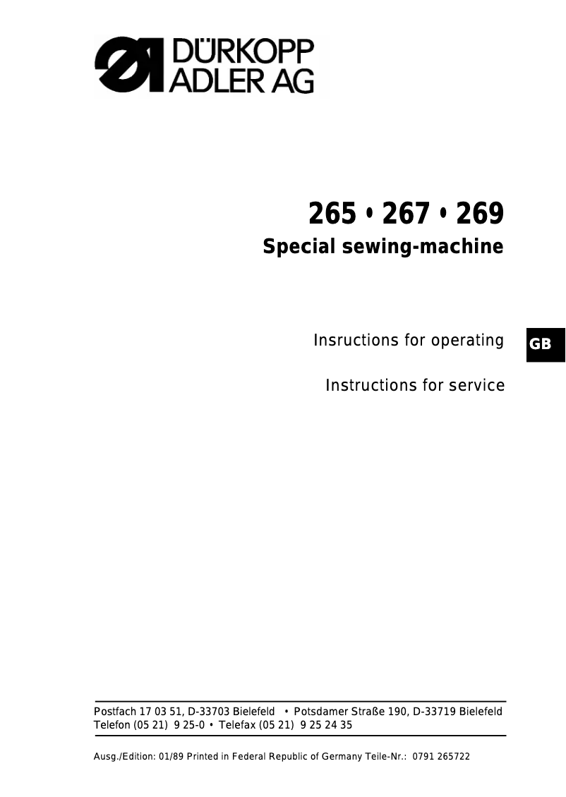 Page n°1 - Manuel utilisateur Dürkopp Adler 265