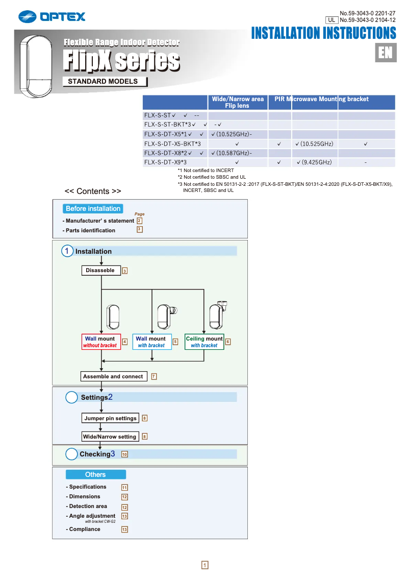 Page 1 de la notice Manuel utilisateur Optex FlipX FLX-S-ST
