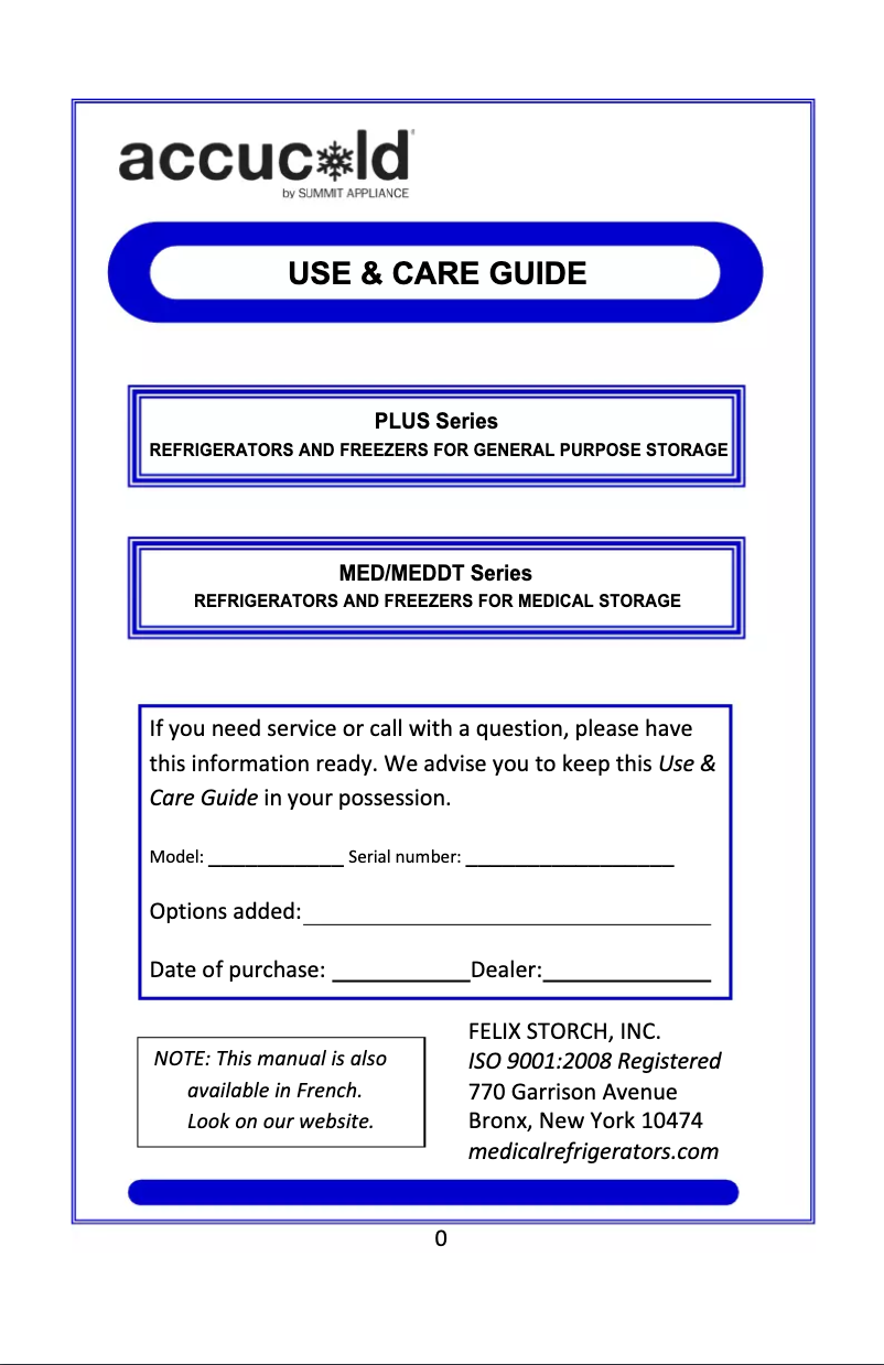 Page 1 de la notice Manuel d'utilisation et d'entretien Summit Accucold SP6DSSTB7MEDDT