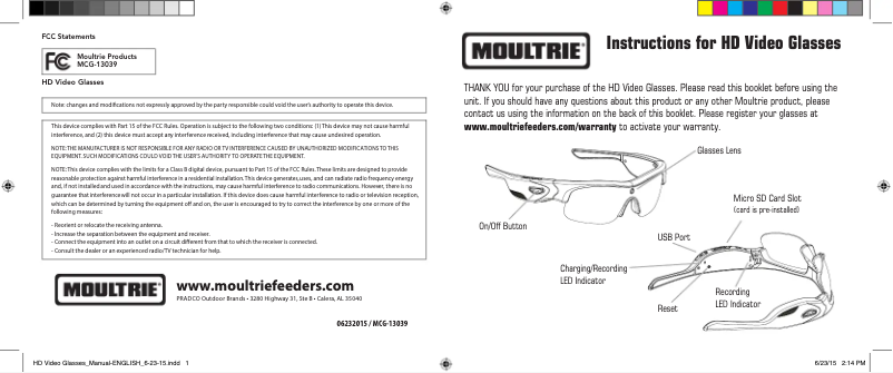 Page 1 de la notice Manuel utilisateur Moultrie HD Video Glasses