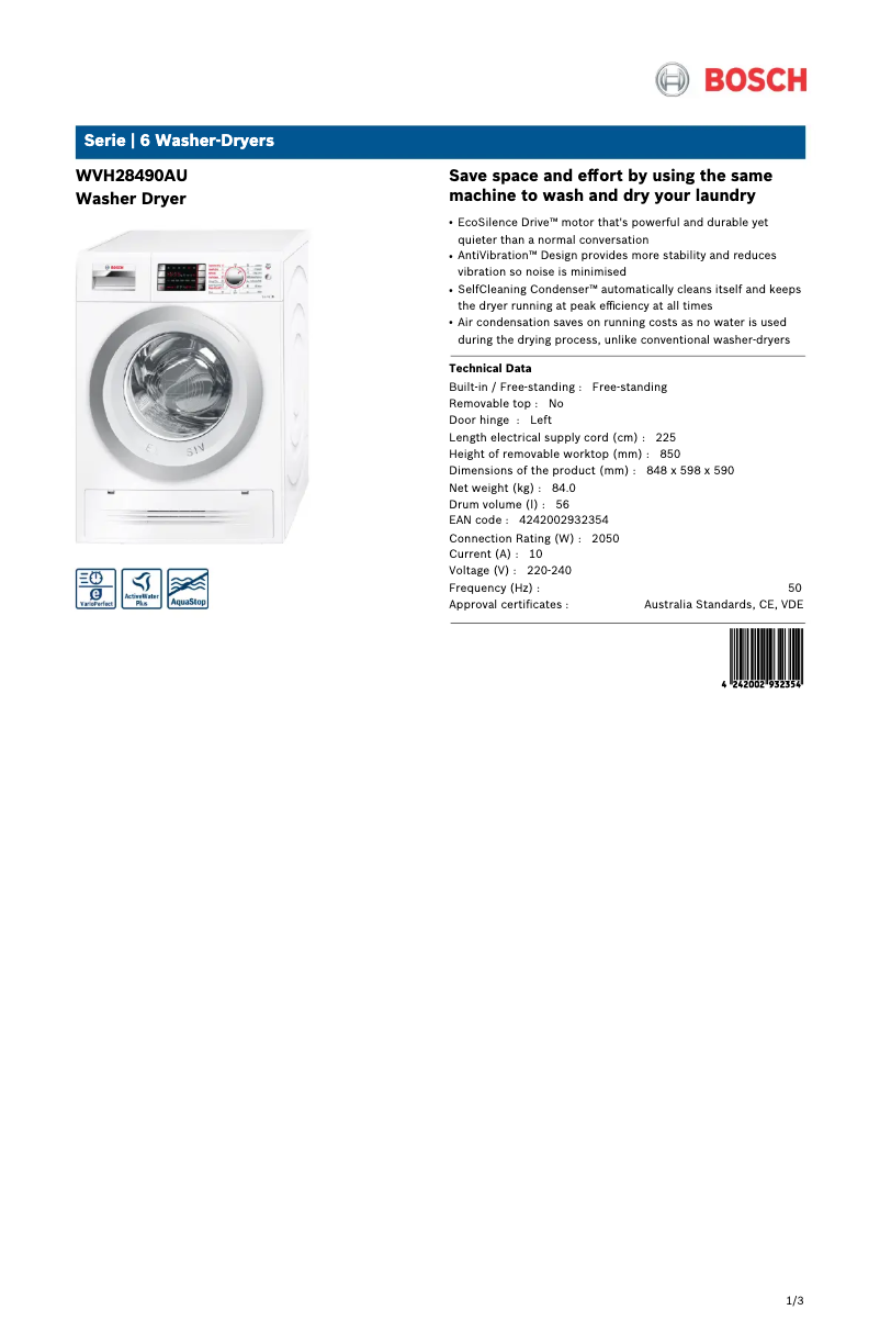 Page 1 de la notice Fiche technique Bosch WVH28490AU