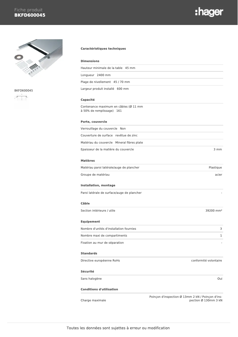 Page 1 de la notice Fiche technique Hager BKFD600045