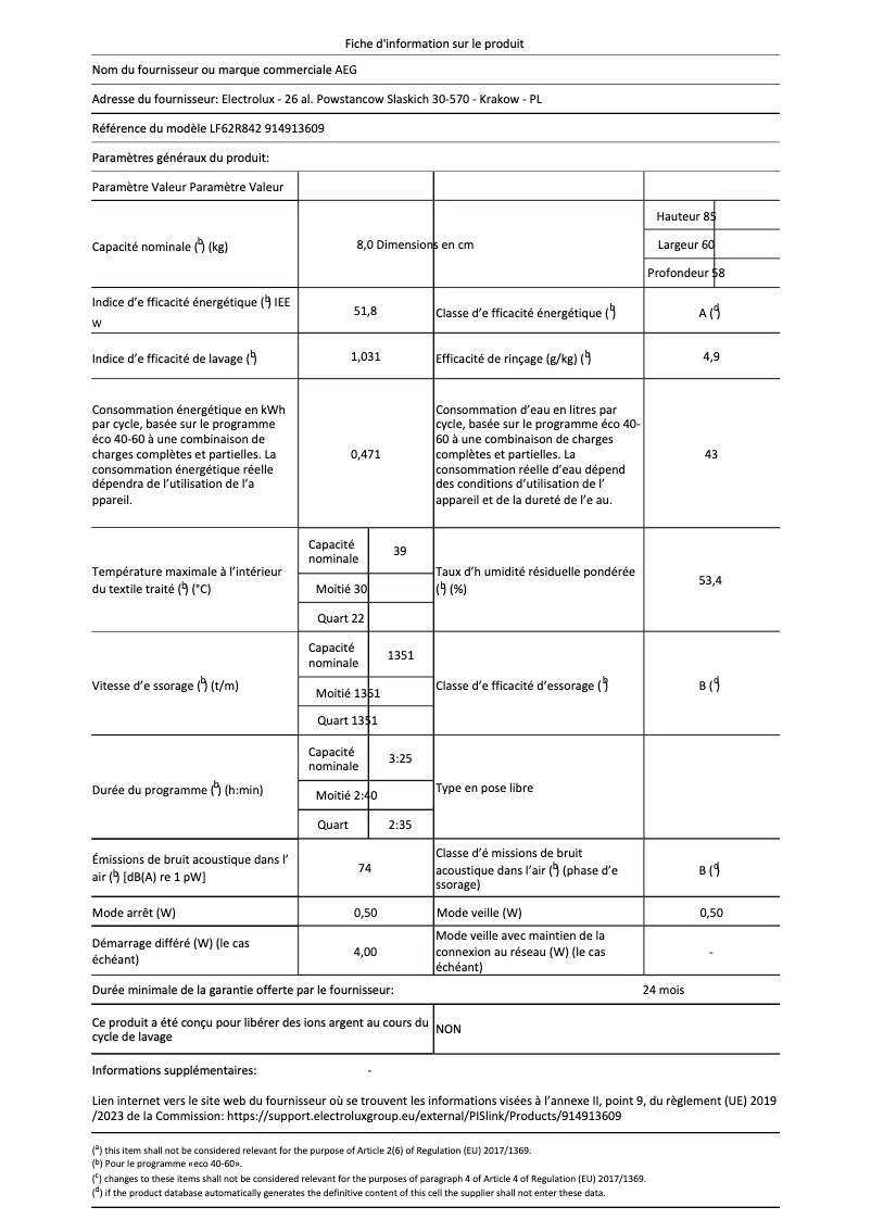 Page n°1 - Fiche technique AEG LF62R842